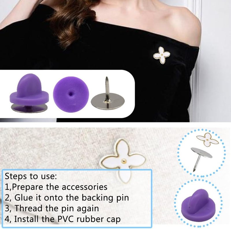 Ruidee 200 Pieces/100 Set Rubber Pin Backs with Tie Tacks Blank Pins, PVC Rubber Pin Back for Uniform Badges Backing Holder Clasp Lapel Pin（Purple） - Image 5
